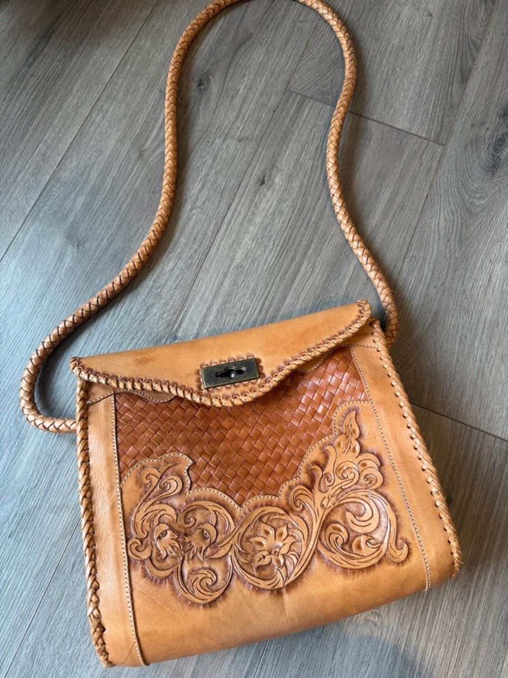 Handcrafted Tan Leather Floral Tooled Crossbody Bag